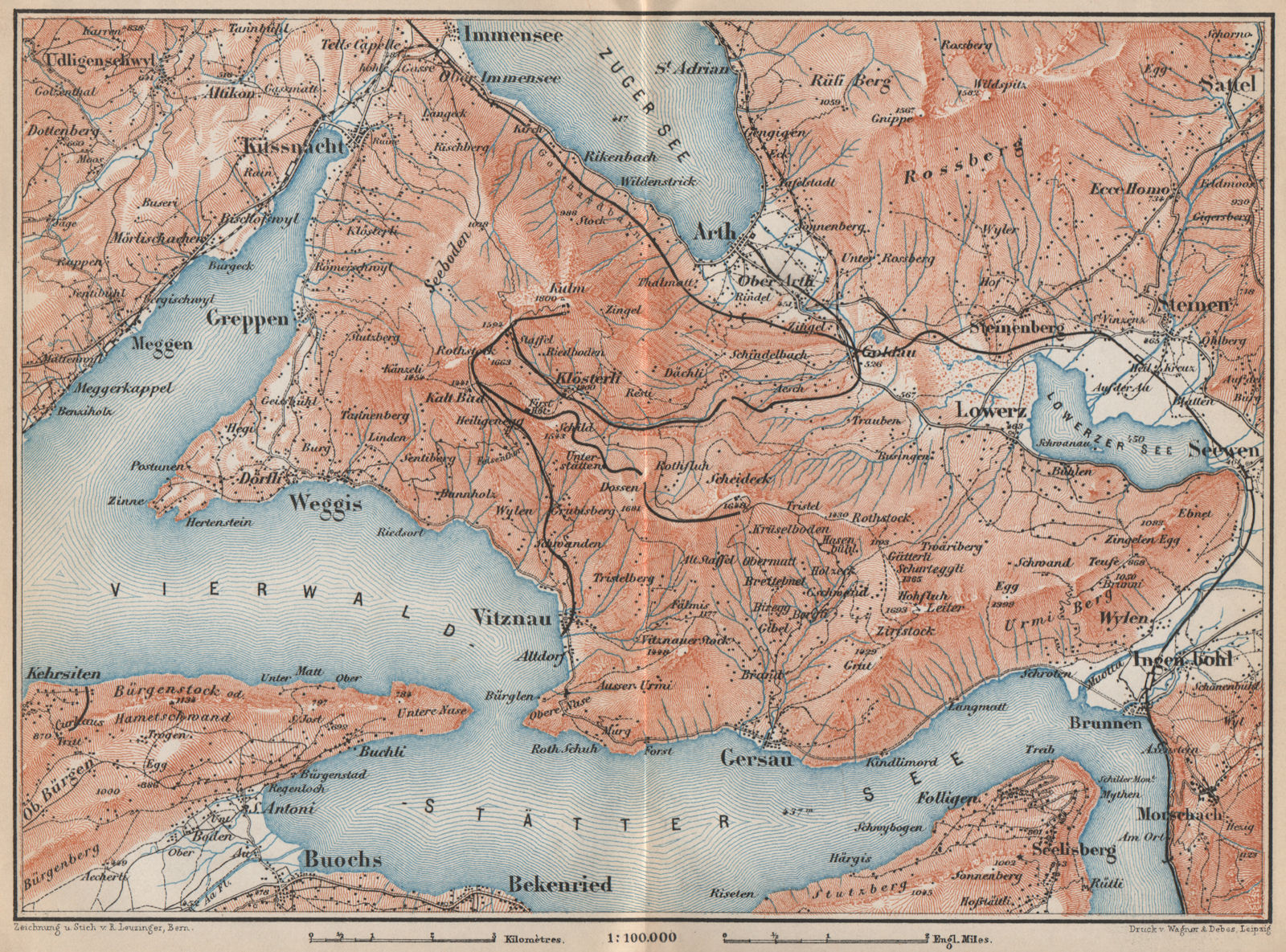 THE RIGI. Vitznau Lowerz Immensee Arth Gersau Bekenried. Topo-map 1889 old